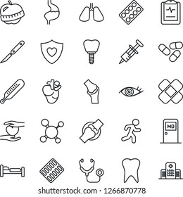 Thin Line Icon Set - bed vector, medical room, molecule, stethoscope, syringe, thermometer, pills, blister, scalpel, patch, run, heart shield, hand, stomach, lungs, real, tooth, implant, eye, joint