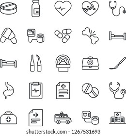 Thin Line Icon Set - bed vector, heart pulse, doctor case, diagnosis, stethoscope, blood pressure, pills, ampoule, scalpel, tomography, ambulance car, hospital, stomach, broken bone, clipboard