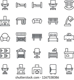 Thin Line Icon Set - bed vector, checkroom, office chair, desk, bench, fireplace, lamp, bedroom, children room, cushioned furniture, restaurant table, alcove, fridge