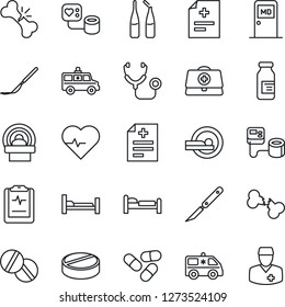 Thin Line Icon Set - bed vector, medical room, heart pulse, doctor case, diagnosis, stethoscope, blood pressure, pills, ampoule, scalpel, tomography, ambulance car, hospital, broken bone, clipboard