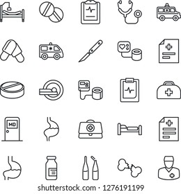 Thin Line Icon Set - bed vector, medical room, doctor case, diagnosis, stethoscope, blood pressure, pills, ampoule, scalpel, tomography, ambulance car, hospital, stomach, broken bone