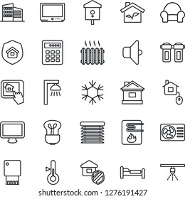 Thin Line Icon Set - bed vector, house, bird, tv, monitor, office building, cushioned furniture, heater, estate insurance, home control, eco, water, snowflake, air conditioner, app, filter, bulb
