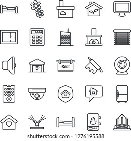 Thin Line Icon Set - bed vector, fireplace, monitor, plan, rent, bedroom, sweet home, city house, estate insurance, rolling pin, eco, remote control, irrigation, water heater, web camera, gear