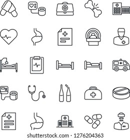 Thin Line Icon Set - bed vector, heart pulse, doctor case, diagnosis, stethoscope, blood pressure, pills, ampoule, tomography, ambulance car, hospital, stomach, broken bone, clipboard