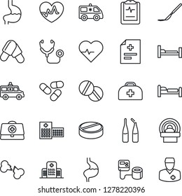 Thin Line Icon Set - bed vector, heart pulse, doctor case, diagnosis, stethoscope, blood pressure, pills, ampoule, scalpel, tomography, ambulance car, hospital, stomach, broken bone, clipboard