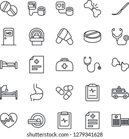 Thin Line Icon Set - bed vector, medical room, heart pulse, doctor case, diagnosis, stethoscope, blood pressure, pills, scalpel, tomography, ambulance car, hospital, stomach, broken bone, clipboard