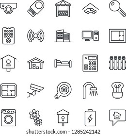 Thin Line Icon Set - bed vector, bird house, garage, warehouse, plan, office building, estate search, key, bathroom, alcove, remote control, wireless, web camera, pc, gear, washer, radiator, bulb