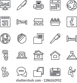 Thin Line Icon Set - bed vector, pen, meeting, statistic monitor, house, term, folder document, no hook, shield, network, dialog, calendar, root setup, printer, bedroom, cafe building, information