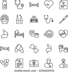 Thin Line Icon Set - bed vector, heart pulse, doctor case, diagnosis, stethoscope, blood pressure, pills, ampoule, scalpel, tomography, hospital, stomach, broken bone