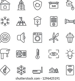 Thin Line Icon Set - bed vector, house, bird, office building, with tree, water supply, sold signboard, estate search, home control, remote, router, snowflake, air conditioner, washer, thermometer