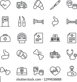 Thin Line Icon Set - bed vector, medical room, heart pulse, doctor case, diagnosis, stethoscope, blood pressure, pills, ampoule, scalpel, tomography, ambulance car, hospital, stomach, broken bone