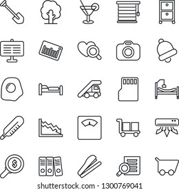 Thin Line Icon Set - bed vector, ladder car, document search, job, tree, thermometer, heart diagnostic, scales, hospital, cargo, barcode, camera, bell, sd, presentation board, paper binder, stapler