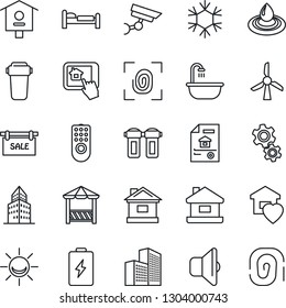 Thin Line Icon Set - bed vector, house, bird, office building, estate document, sale, bathroom, sweet home, alcove, fingerprint, remote control, snowflake, app, gear, water, filter, sound, windmill