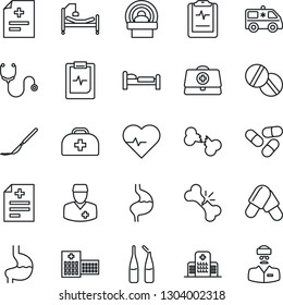 Thin Line Icon Set - bed vector, heart pulse, doctor case, diagnosis, stethoscope, pills, ampoule, scalpel, tomography, ambulance car, hospital, stomach, broken bone, clipboard