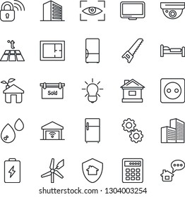 Thin Line Icon Set - bed vector, office building, saw, house, monitor, plan, sold signboard, fridge, eco, socket, wireless lock, gear, water, warm floor, bulb, garage gate control, eye scan, battery