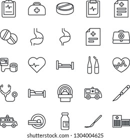 Thin Line Icon Set - bed vector, heart pulse, doctor case, diagnosis, stethoscope, blood pressure, pills, ampoule, scalpel, tomography, ambulance car, hospital, stomach, clipboard