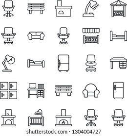 Thin Line Icon Set - bed vector, checkroom, office chair, desk, bench, fireplace, lamp, bedroom, children room, cushioned furniture, alcove, fridge