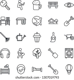 Thin Line Icon Set - bed vector, desk, job, shovel, rake, tree, watering can, wheelbarrow, bench, eye, plane, shield, headphones, themes, manager, house with, key, children room, washer, beer