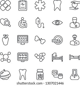 Thin Line Icon Set - bed vector, monitor pulse, blood pressure, dropper, heart diagnostic, pills, bottle, patch, tomography, ambulance star, hospital, disabled, hand, real, tooth, eye, broken bone