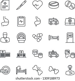 Thin Line Icon Set - bed vector, medical room, heart pulse, doctor case, diagnosis, blood pressure, pills, scalpel, tomography, ambulance car, hospital, stomach, broken bone, clipboard