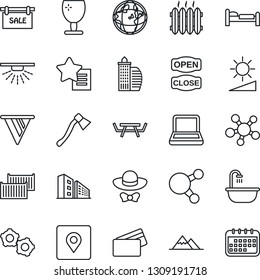 Thin Line Icon Set - bed vector, gear, axe, picnic table, cargo container, fragile, share, favorites list, brightness, place tag, notebook pc, mountains, sale, office building, bathroom, heater