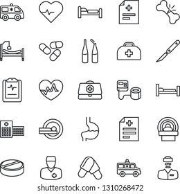 Thin Line Icon Set - bed vector, heart pulse, doctor case, diagnosis, blood pressure, pills, ampoule, scalpel, tomography, ambulance car, hospital, stomach, broken bone, clipboard
