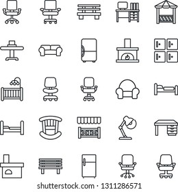 Thin Line Icon Set - bed vector, checkroom, office chair, desk, bench, fireplace, lamp, bedroom, children room, cushioned furniture, restaurant table, alcove, fridge