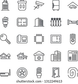 Thin Line Icon Set - bed vector, office building, house with garage, tree, plan, key, smart home, city, chip, fan, remote control, router, intercome, radiator, energy saving bulb, trash bin, fridge