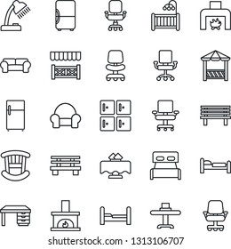 Thin Line Icon Set - bed vector, checkroom, office chair, desk, bench, lamp, bedroom, children room, cushioned furniture, fireplace, restaurant table, alcove, fridge