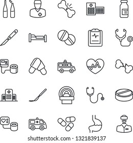 Thin Line Icon Set - bed vector, heart pulse, stethoscope, blood pressure, pills, ampoule, scalpel, tomography, ambulance car, stomach, broken bone, clipboard, hospital, doctor