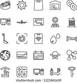 Thin Line Icon Set - bed vector, plane, calculator, sun, well, earth, route, chain, eye id, panel, warehouse, city house, dress code, credit card, ladle, cutting board, pc, water, pass, calendar