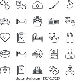 Thin Line Icon Set - bed vector, heart pulse, doctor case, diagnosis, stethoscope, blood pressure, pills, ampoule, scalpel, tomography, ambulance car, hospital, stomach, broken bone, clipboard