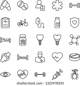 Thin Line Icon Set - bed vector, heart pulse, molecule, syringe, dropper, pills, bottle, ampoule, ambulance star, barbell, bike, shield, hospital, implant, eye, joint, clipboard, doctor, patient