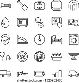 Thin Line Icon Set - bed vector, boarding, safe, meeting, job, water drop, stethoscope, hospital, car delivery, shield, camera, network, hdmi, clock, fingerprint id, battery, bar graph, table, fan