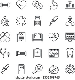 Thin Line Icon Set - bed vector, medical room, heart pulse, monitor, diagnosis, stethoscope, blood test vial, dropper, diagnostic, pills, bottle, patch, ambulance star, barbell, disabled, stomach