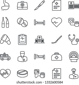 Thin Line Icon Set - bed vector, heart pulse, doctor case, diagnosis, stethoscope, blood pressure, pills, ampoule, scalpel, tomography, ambulance car, hospital, stomach, clipboard