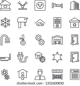 Thin Line Icon Set - bed vector, office building, bird house, water supply, garage, estate agent, bathroom, smart home, insurance, alcove, socket, power plug, remote control, irrigation, router