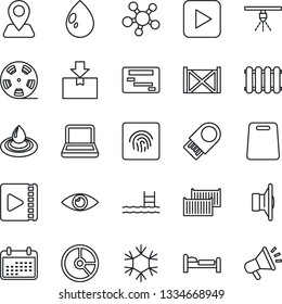 Thin Line Icon Set - bed vector, circle chart, water drop, eye, navigation, cargo container, package, reel, speaker, share, play button, fingerprint id, video, notebook pc, pool, cutting board