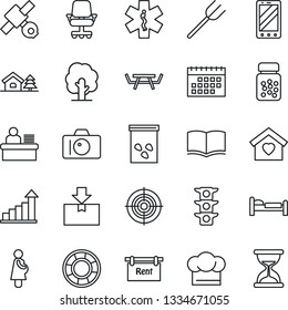 Thin Line Icon Set - bed vector, camera, mobile phone, growth statistic, book, farm fork, tree, seeds, picnic table, pills bottle, ambulance star, pregnancy, satellite, traffic light, package, rent