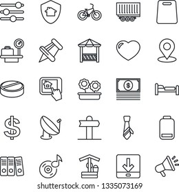 Thin Line Icon Set - bed vector, luggage scales, dollar sign, well, pills, bike, signpost, truck trailer, satellite antenna, heart, paper pin, low battery, tuning, download, place tag, music, binder