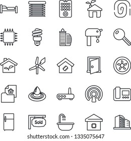 Thin Line Icon Set - bed vector, water supply, estate document, sold signboard, office building, key, bathroom, smart home, chip, eco house, fan, remote control, wireless, router, intercome, fridge