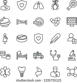 Thin Line Icon Set - bed vector, monitor pulse, stethoscope, blood pressure, thermometer, heart diagnostic, microscope, pills, tomography, ambulance star, car, shield, hospital, stomach, lungs, diet