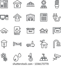 Thin Line Icon Set - bed vector, greenhouse, bird house, warehouse storage, with tree, sun panel, garage, sale, rent, bathroom, smart home, eco, power plug, water heater, router, pc, gear