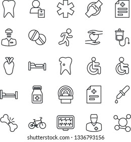 Thin Line Icon Set - bed vector, monitor pulse, diagnosis, dropper, pills, bottle, tomography, ambulance star, bike, run, hospital, disabled, heart hand, real, tooth, caries, joint, broken bone