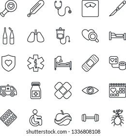 Thin Line Icon Set - bed vector, stethoscope, blood pressure, dropper, thermometer, heart diagnostic, scales, pills bottle, blister, ampoule, scalpel, patch, ambulance star, car, barbell, shield