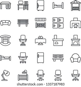 Thin Line Icon Set - bed vector, checkroom, office chair, desk, bench, fireplace, lamp, bedroom, children room, cushioned furniture, restaurant table, alcove, fridge