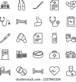 Thin Line Icon Set - bed vector, medical room, heart pulse, doctor case, diagnosis, stethoscope, blood pressure, pills, ampoule, scalpel, ambulance car, hospital, stomach, clipboard