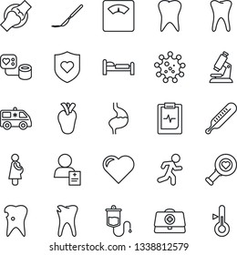 Thin Line Icon Set - bed vector, heart, doctor case, blood pressure, dropper, thermometer, diagnostic, microscope, scales, scalpel, ambulance car, run, shield, stomach, real, tooth, caries, joint
