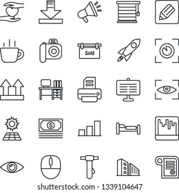 Thin Line Icon Set - bed vector, mouse, desk, tie, coffee, printer, heart hand, eye, cash, up side sign, camera, scanner, notes, download, presentation board, bar graph, sun panel, sold signboard