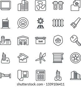 Thin Line Icon Set - bed vector, saw, office phone, tv, radio, building, garage, estate document, sold signboard, search, key, city house, insurance, eco, fan, intercome, water filter, radiator